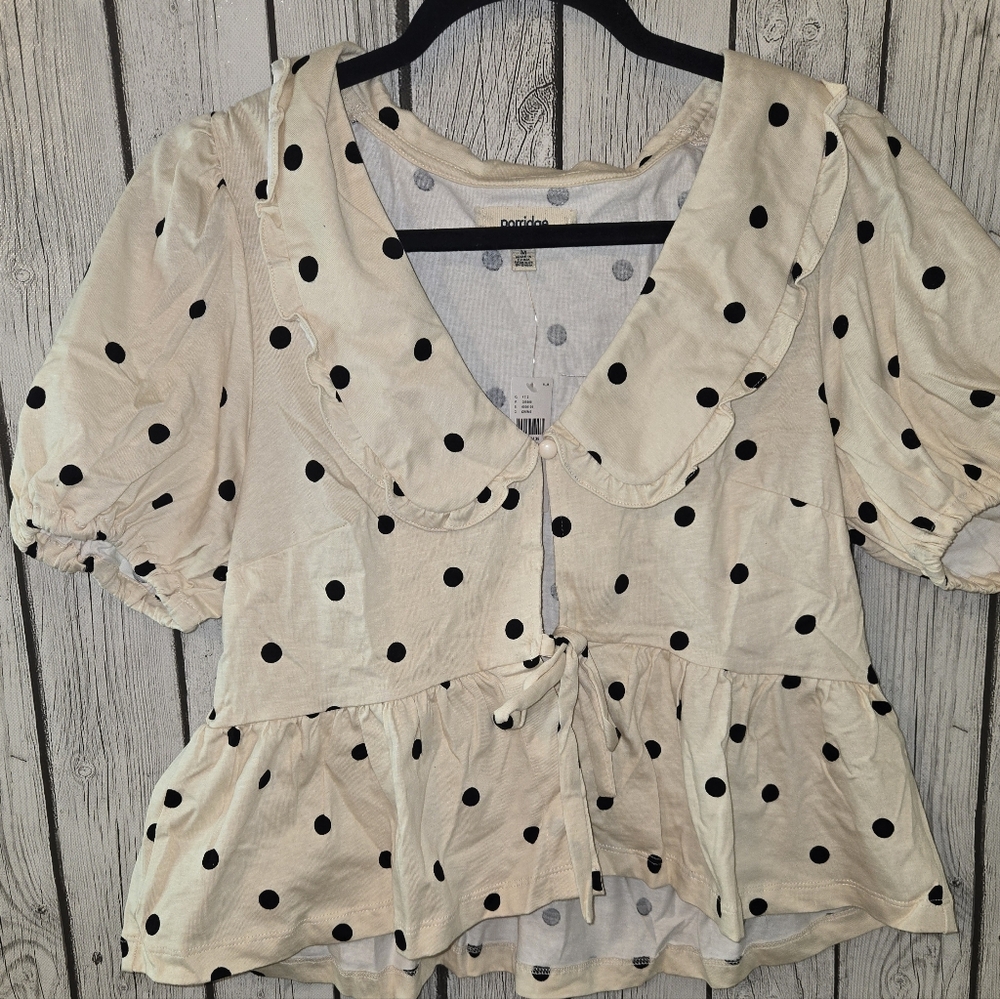 Porridge Polka Dot Tie Front Peplum Blouse Peter Pan Collar Puff Sleeve NWT Med - Picture 6 of 9